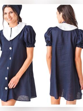 Sleeper Navy White Marie Linen Collared Puff Sleeve Dress Medium